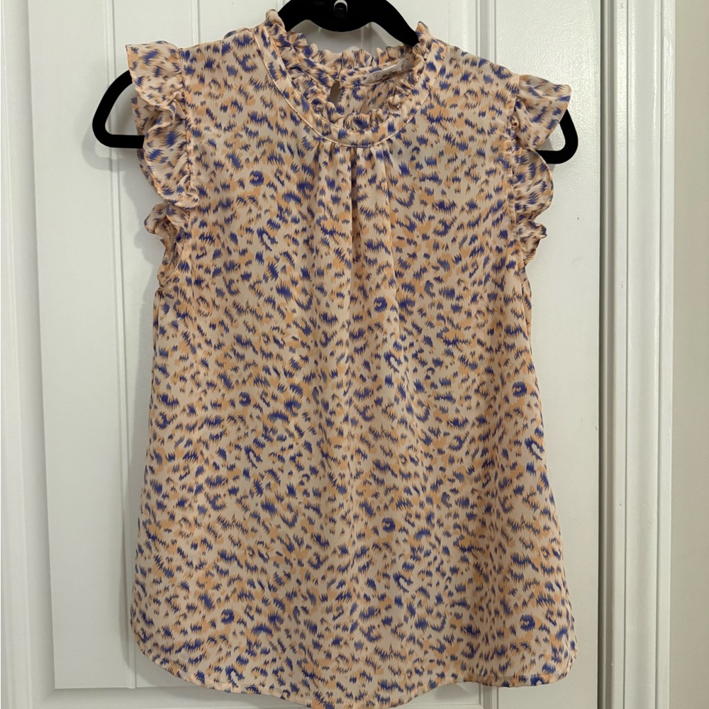 THML Ruffled Blouse - Cream and Blue Print